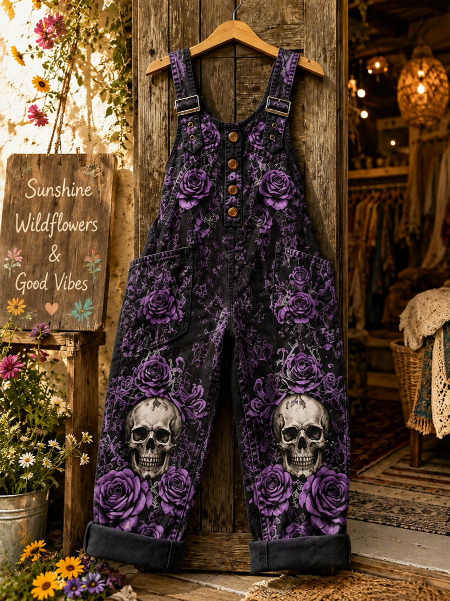 Women's Retro Style Art Print Washed Cotton Denim Patchwork Jumpsuit